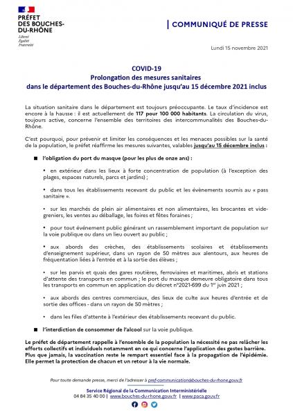 C.P -Covid - Prolongation des mesures sanitaires 15-11-21